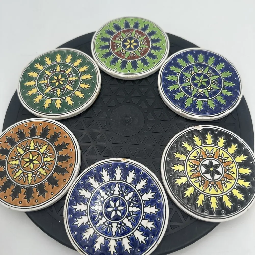 Vintage Set 6 Round Hand Painted Tile Coasters Neofitou Keramic Art With Caddy